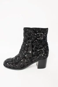 Laurence Dacade Babacar Sequin Boots Black Size 38.5 Double Buckle Mid-Heel NEW - Picture 1 of 8