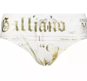 John Galliano Beachwear White & Gold Gazette Print Swim Briefs - Made In Italy - Picture 1 of 2