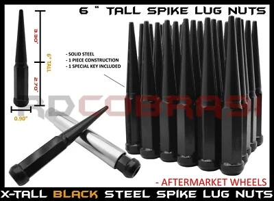 1999-2020 Chevy Silverado 1500 Powder Coated Black XL Spike Lug Nuts 6" Tall+Key - Image 1 of 4