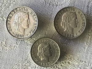 JUEGO DE 3 MONEDAS SUIZA: 1943 20 RAPPEN, 1952 20 RAPPEN, 1962 10 RAPPEN - Imagen 1 de 8