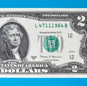TRAILING YEAR 1964 (L 4711 1964 B) $2 Two Dollar Bill Serial Number 2017A *UNC* - Picture 1 of 4