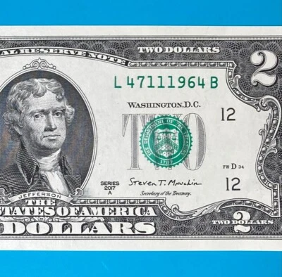 TRAILING YEAR 1964 (L 4711 1964 B) $2 Two Dollar Bill Serial Number 2017A *UNC* - Image 1 of 4