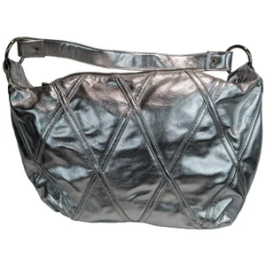 Vintage Nila Anthony Hobo Shoulder Bag Womens Silver Metallic Faux Leather Zip - Picture 1 of 14