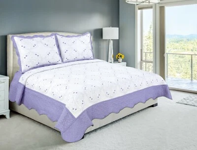 Embroidered Cotton Blend Ultra Soft Bedding Bedspread Quilt Set Purple Floral - Image 1 of 4