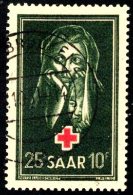 Saar Scott #B82 Used Mother & Child 1951 Dark Green 25fr+10fr SCV $65. ~ B2483 - Image 1 of 2