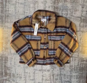 Vigoss Brushed Plaid Crop Button Jacket Chest Pockets Tan Women's Sz M NWT - Picture 1 of 3