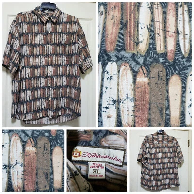Duke Kahanamoku Shirt Mens XL Brown Hawaiian Silk Blend Surfboards Beach Aloha - Image 1 of 4