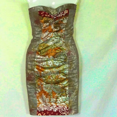NICOLE MILLER Metallic Gold Red Orange Floral Silk Women Strapless Dress Size 0 - Image 1 of 4
