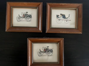 Lot of 3 Vintage 1900's Antique Car Horseless Carriage Prints Framed 6.5" x 5.5" - Picture 1 of 7