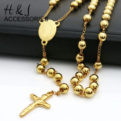 30 + 5 «МУЖЧИН из нержавеющей стали тяжелый 8 мм позолоченный бисер крест четки ожерелье  - Изображение 1 из 3