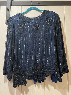 Camisa Blusa Top Vintage Mark And John II Seda Lentejuelas Cuentas Azul Mediano Foto 1 de 4