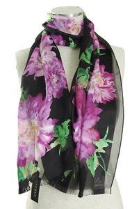 Lauren Ralph Lauren Damen Marie Seide gestreift Blumen Schal-schwarz Neu mit Etikett - Bild 1 von 2