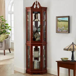 Wooden Curio Lighted Corner Cabinet w/Doors & Adjustable Tempered Glass Shelves - Picture 1 of 10