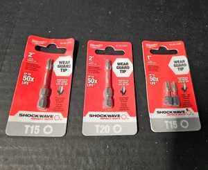 Lot of 3 Milwaukee 2" & 1" Shockwave Impact Duty T15 & T20 Power Bits Sealed New - Picture 1 of 4