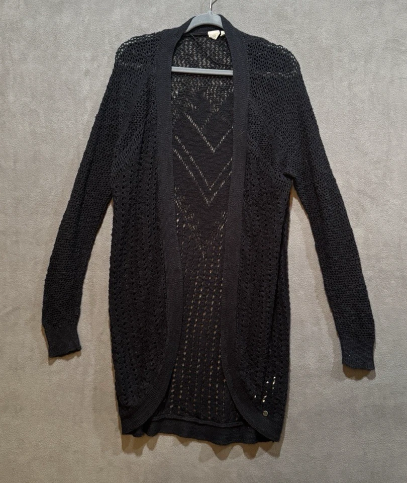 Cárdigan largo Roxy para mujer talla XL negro frente abierto suéter plumero festival boho Foto 1 de 4