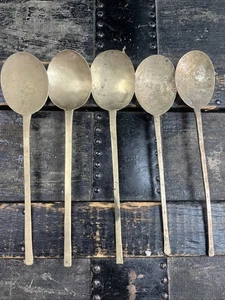 Antique Korean Traditional Bronzeware Five Spoons BANGJJA YUGI Handmade Forged - Picture 1 of 18
