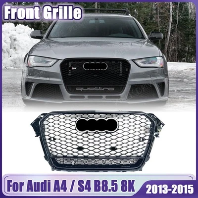 Glossy Black Honeycomb Rs4 Style Grille W/Quattro For 2013-2015 Audi A4/S4 B8 8K - Image 1 of 4