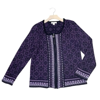 COLDWATER CREEK Fair Isle Cardigan Wool Blend Snowflake Beaded Sequins Small - Image 1 of 4