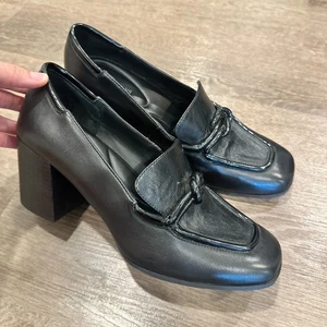 Antonio Melano Hale Heeled Loafer Womens Size 11 Black Leather Block Academia - Picture 1 of 13