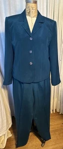 Josephine Chaus Womens Peacock Blue Silk Pantsuit Sz 14P Pre-owned - Picture 1 of 13