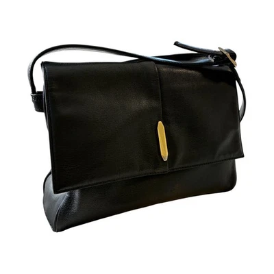 Genuine Leather Black Shoulder Bag Flap Over Body Crossbody with Gold Accent - Image 1 of 4