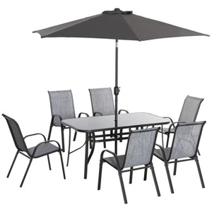 8pcs Outdoor Patio Dining Set Furniture, 6 Chairs, Table, Angle Umbrella, Grey - Picture 1 of 11