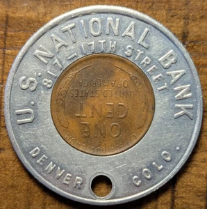 1950-D Denver Colorado U. S. National Bank Encased Cent Penny Token Keychain Fob - Picture 1 of 4