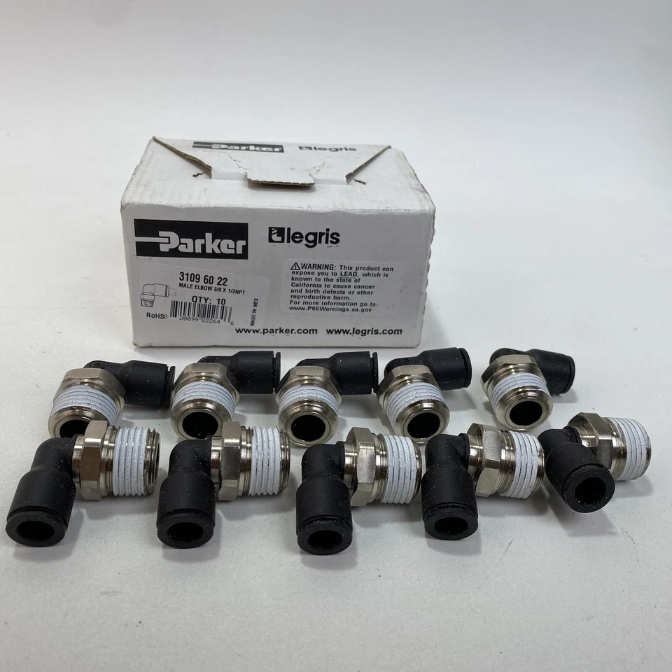 Paquete de 10 codos machos Legris 3109 60 22, para tubo de 3/8 pulgadas OD, tamaño de tubo de 1/8 pulgadas, negro Foto 1 de 4