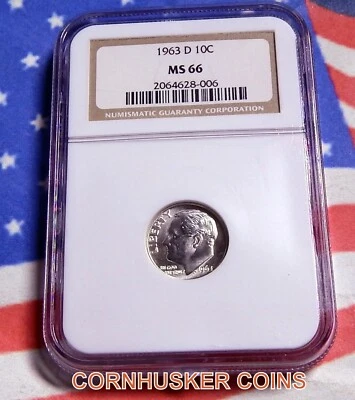 1963 D ROOSEVELT SILVER DIME NGC MS 66~ BRIGHT WHITE GEM ~ FREE SHIPPING - Image 1 of 2