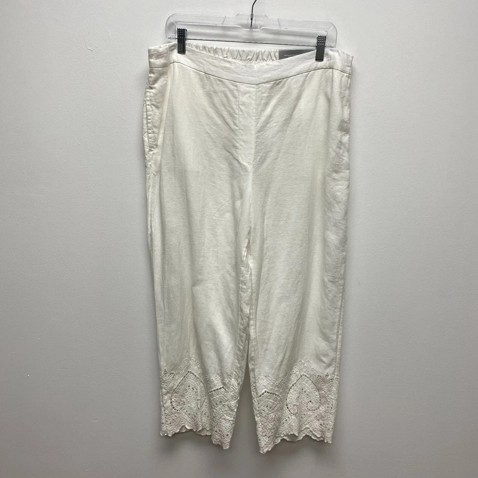 Chicos Pants Womens 2 /12 Alabaster Linen Elastic Pull On Eyelet Cutout Cropped