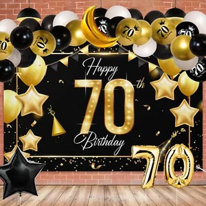 Happy 70th Birthday Backdrop Banner Decor with Balloons Arch Garland Kit Blac... - Picture 1 of 7