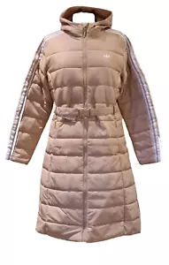 adidas quilted puffer coat long slim fit beige hooded with Belt Size L UK 14 - Picture 1 of 24