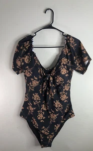 Shein size 1XL black/brown floral swimsuit short sleeves elastic v-neck w/bow - Picture 1 of 5