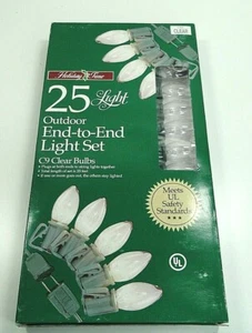 25-Light C9 CLEAR CHRISTMAS String Light Set GREEN WIRE End-To-End NEW - Picture 1 of 5