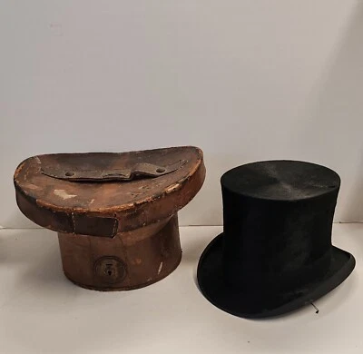 Vintage Antique Herbert Johnson Black Top Hat With Leather Case Box  - Image 1 of 4