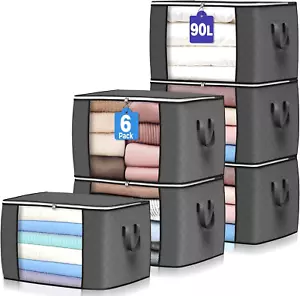 90 L Large Storage Bags, 6 Pack Clothes Storage Bins Foldable Closet Organizers  - Picture 1 of 12