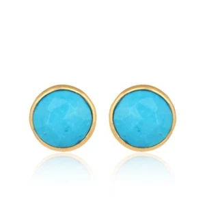 NEW 9k Gold Simple Tiny Stud Earrings With 8mm Certified Navajo Turquoise - Picture 1 of 5