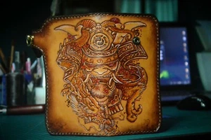 Custom Leather Biker Carved Wallet Chain Handmade Leather Mens Wallet Gift X32 - Picture 1 of 6