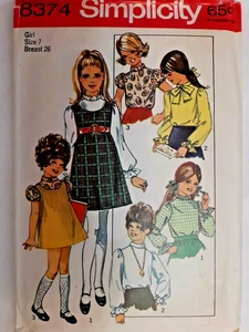 Simplicity 8374 Jumper Dress Blouse Top Sewing Pattern Girls 7 VTG Cut Pullover - Picture 1 of 5