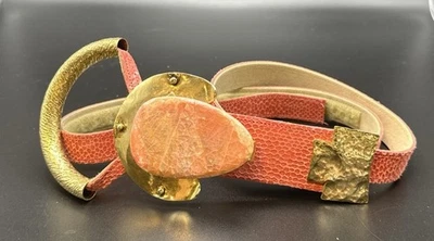 VTG Handmade Boho Style Adjustable Pink Hammered Gold Toned Snakeskin Belt - Image 1 of 4