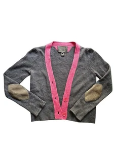 Coach 100% Cashmere Italy Preppy Gray and Pink Elbow Leather Patches Cardigan S - Picture 1 of 8