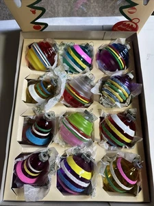 Christopher Radko 12 Shiny Brite Christmas Ornaments Striped Mica Bells Teardrop - Bild 1 von 11