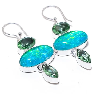 Triplet Fire Opal Gemstone Handmade 925 Sterling Silver Jewelry Earring 2.1" - Image 1 of 4