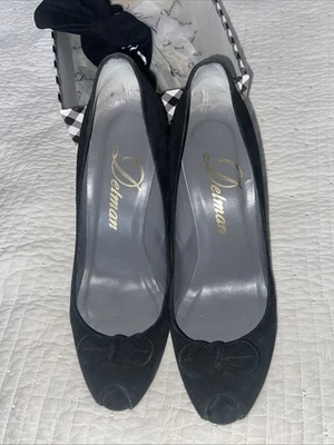 Women’s Delman Wedge Heels Black Suede Black Peep toe 9 Beige - Image 1 of 4