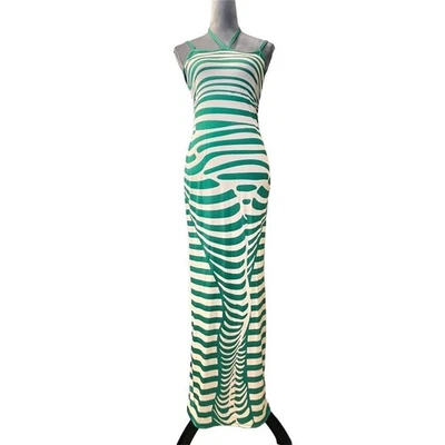 Y2k Green Striped Maxi Dress Halter Neck Sleeveless L Party Clubwear - Image 1 of 4