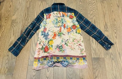 Camisa Johnny Was Extra Pequeña Azul Tela Escocesa Taller Floral Boho Foto 1 de 3