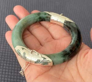 6.4 " 925 Silver Handmade Genuine Burmese Jade Women Bangle Bracelet US SELLER - Picture 1 of 10