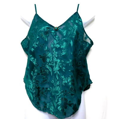 Vintage 90s Cami Lingerie L Burn Out Emerald Green Jewel Colesce Camisole - Image 1 of 4