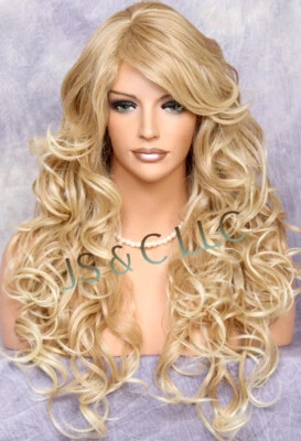 Peluca Full Heat OK Rizada Larga Mezcla Cabello Humano Rubio Mezcla Bangs 27-613 Nueva con Etiquetas WBSO Foto 1 de 4