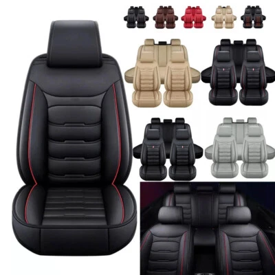 Leather Front Rear Car Seat Covers Protectors 5-Seats Cushion Full Set Universal Foto 1 de 4